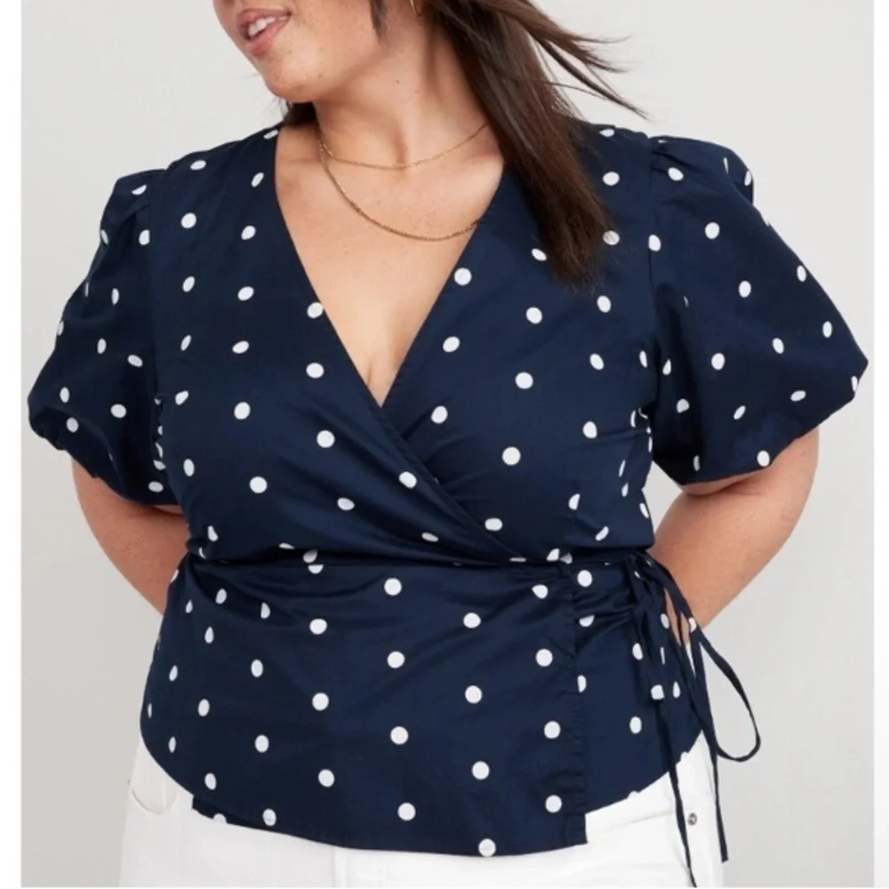 Old Navy Navy White Dots Waist Defined Puff Short Sleeve Tie-Wrap Blouse